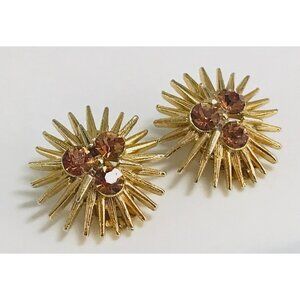 Vintage Gold Tone Starburst Rhinestone Earrings Clip-On Atomic MCM